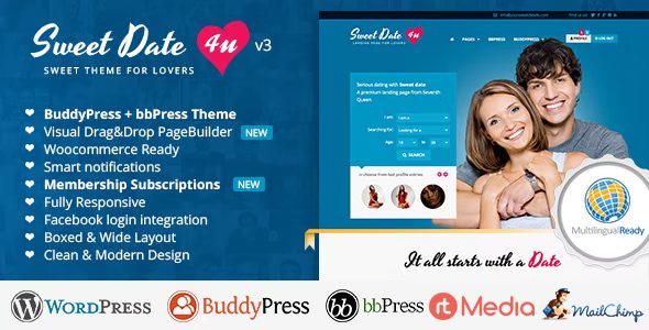 Sweet Date là theme hẹn hò hoàn hảo, với tính năng mạnh mẽ và thiết kế hiện đại, giúp bạn tạo dựng website hẹn hò trực tuyến mang lại trải nghiệm tuyệt vời cho người dùng